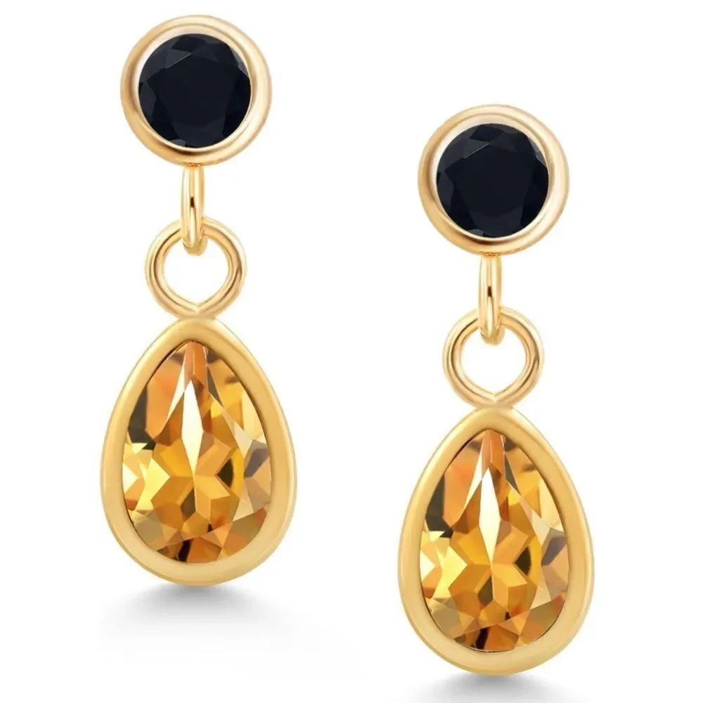 14K Yellow Gold with 0.86 Cttw Yellow Citrine and Black Onyx Post Back Earrings